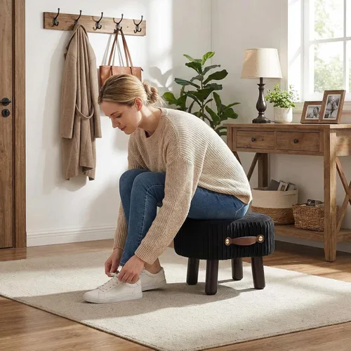 Vista 8 de Reposapiés otomano pequeño, taburete con asa, reposapiés otomano de terciopelo con asiento acolchado, taburete curvado con patas de madera para sala