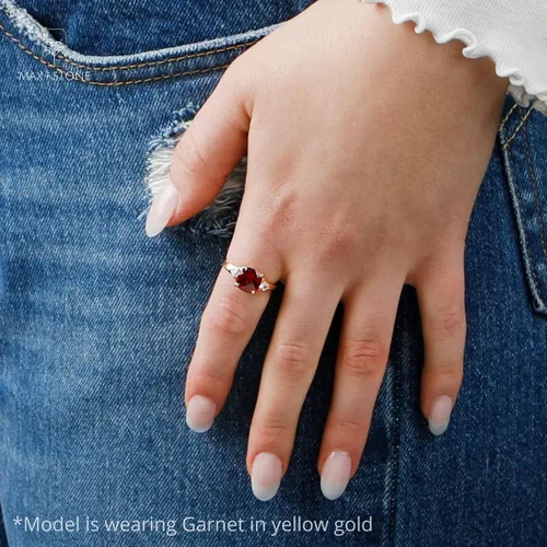 Vista 2 de MAX + STONE Cushion Cut Gemstone Three Stone Ring for Women in 10k White or Yellow Gold with Created White Sapphire Accents and Birthstone Size 5 to