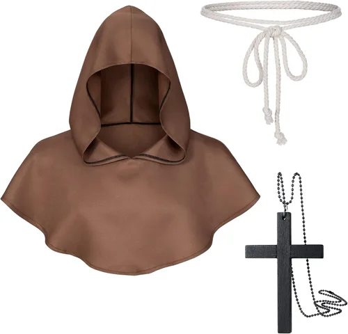 Vista 5 de Conjunto de collar y cinturón medieval renacentista, monje, fraile, sacerdote, capa con capucha y cinturón para cosplay