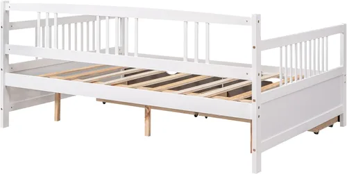 Vista 8 de Merax Sofá cama de madera con 2 cajones, soporte de listones de madera, sofá cama con marco de madera de tamaño individual, color blanco