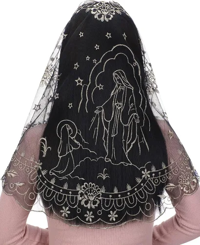 Bozidol Velo de capilla de Mantilla católica, velo de masa de la iglesia española en forma de D, cubierta de encaje bordado de Nuestra Señora para