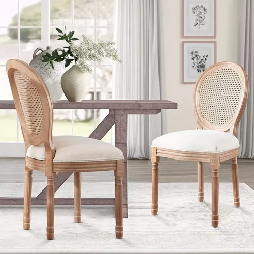 Vista 27 de Nrizc - Juego de 4 sillas de comedor de estilo francés rústico, sillas de tela de granja con respaldo redondo, silla de comedor de ratán, sillas