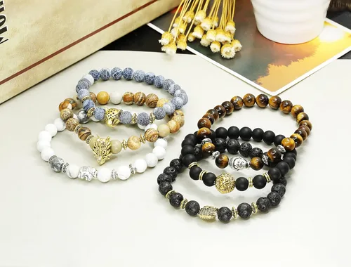 Vista 5 de FINREZIO Juego de 6 pulseras de cuentas para hombre con dije de dragón león y pantera pulsera de piedra natural 0315in