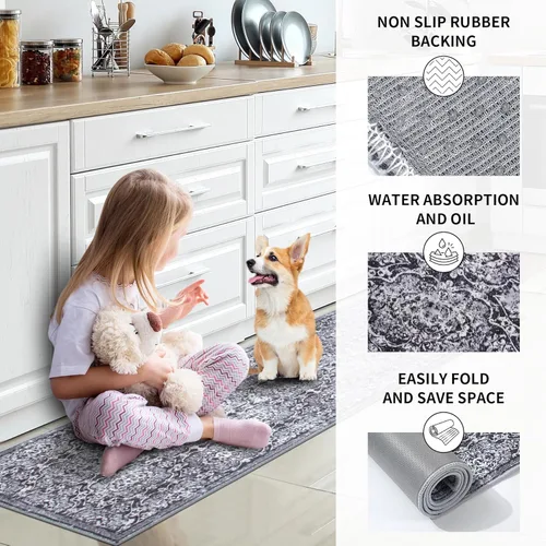Vista 6 de Kitchen Rugs Sets of 3 Kitchen Mats for Floor 3 Piece Set Washable Non Slip Black Kitchen Runner Carpets for Laundry Room Hallway Sink