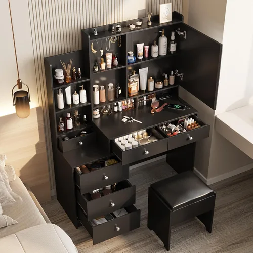 Vista 2 de Vabches - Tocador de maquillaje con espejo y taburete, juego de tocador con 6 cajones y estantes, mesa de vestir con regleta de enchufes, 3 modos