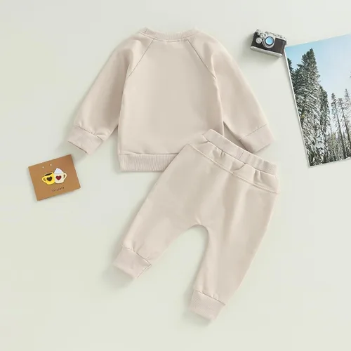 Vista 3 de Conjunto de 2 piezas de sudadera de manga larga para bebé niño y niña, color liso, 2 piezas, para otoño e invierno