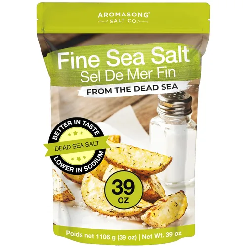 Aromasong Sal marina 100% natural del mar Muerto, sal de mesa de grano fino, bolsa resellable de 2.43 libras, 100% pura y natural, sin refinar, sin