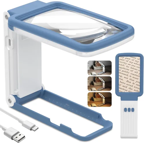 Lupa 10X con Luz y Soporte, Lente de Vidrio Real, Lupa de Mano Plegable Recargable, 3 Modos de Color Regulables, Lupa de Página Iluminada para Leer