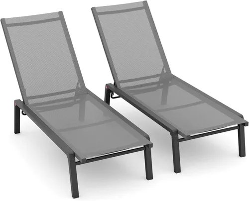 Vista 8 de Juego de 2 tumbonas para patio con 4 respaldos ajustables, tumbona plegable de aluminio reclinable para exteriores, junto a la piscina, bronceado