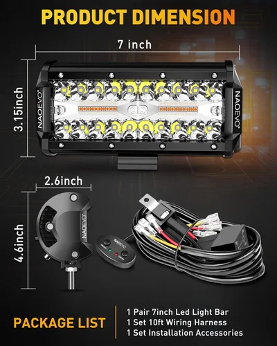 Vista 9 de NAOEVO Barra de luz de 7 pulgadas, 240 W, 24,000 lúmenes, luces LED de niebla/conducción todoterreno con arnés de cableado de 2 cables, luces