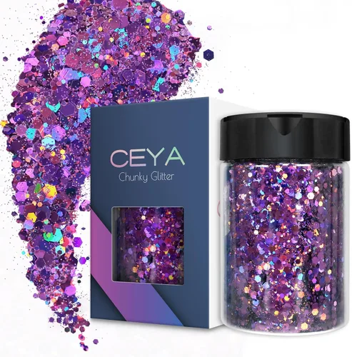 Ceya - Purpurina holográfica gruesa, 140 g / 4.9 oz, polvo de purpurina artesanal morado, mezcla de copos gruesos y finos iridiscentes, lentejuelas