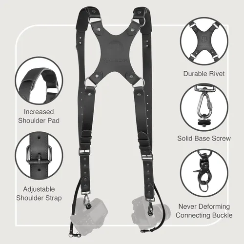 Vista 5 de Leather Dual Camera Harness Strap for Photographers,Adjustable Shoulder Crossbody Padded Harness for DSLR SLR