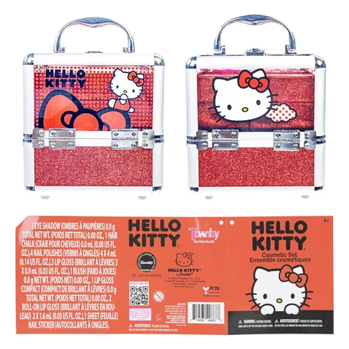 Vista 10 de Estuche de Maquillaje Cosmético Hello Kitty Train Case Incluye Brillo de Labios, Sombra de Ojos, Esmalte de Uñas, Accesorios para el Cabello y Más!