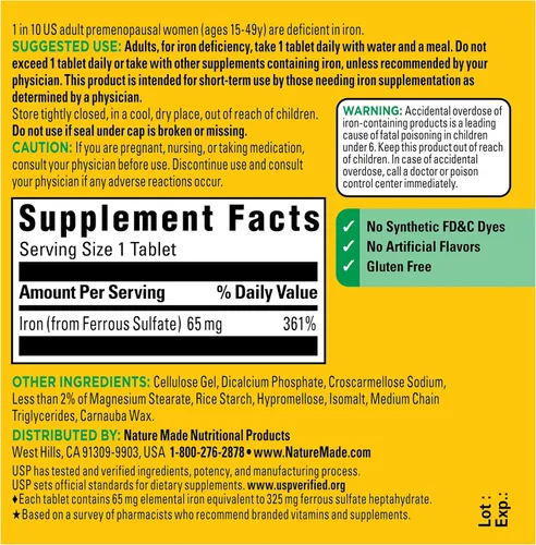 Vista 7 de Nature Made Hierro 65 mg (325 mg Sulfato Ferroso) Tabletas, 180 Tabletas