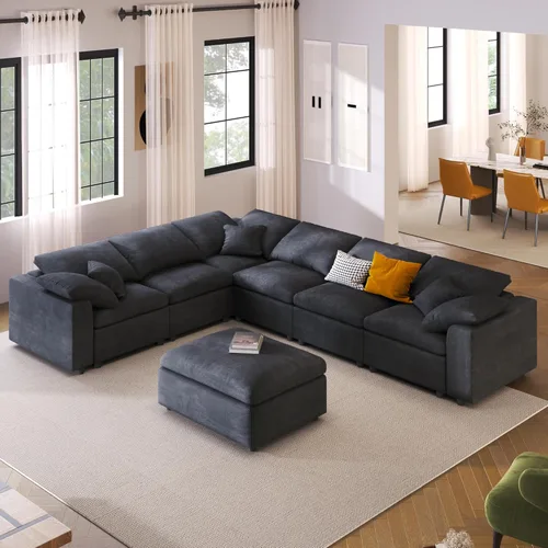 Vista 14 de Sofá modular en forma de L, moderno sofá nube con otomana, sofá esquinero de 3 plazas, sofás de felpilla con asientos profundos para salas de estar