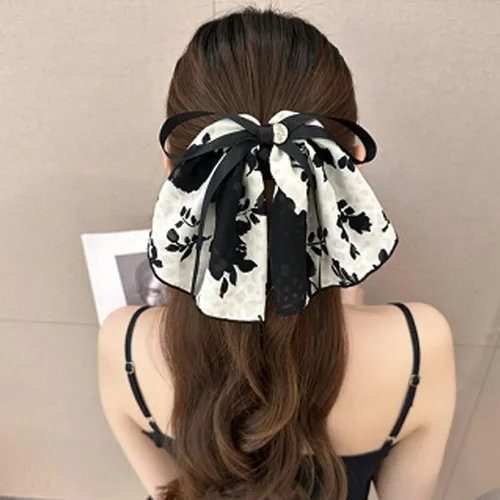 Vista 4 de 2 accesorios de lazo para el cabello de alta calidad: elásticos de cola larga para niñas y mujeres en blanco y negro, bufandas para atar el cabello