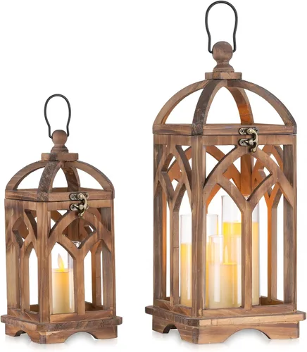 Romadedi Farol de vela de madera de granja, juego de 2 candelabros decorativos de madera rústica, decoración del hogar, mesa de boda, centro de