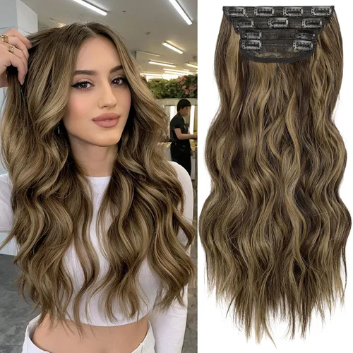 Vista 75 de KooKaStyle Extensiones de cabello sintético con pinzas, largo, ondulado, grueso, balayage, marrón chocolate a rubio caramelo, fibra 10H26