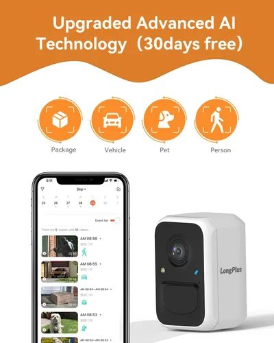 Vista 7 de LongPlus Wireless Outdoor Security Camera, Battery Powered Cameras for Home Security Wireless WiFi with Night Vision, Motion Detection,Siren