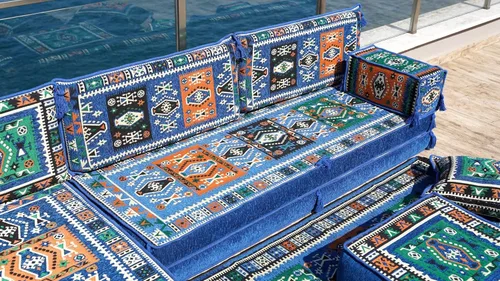 Vista 5 de Blue Arabic Floor Sofa, L Shape Corner Seating Set, Bench Cushions, Sectional Sofa, Pallet Sofas, Floor Cushions, Floor Couch, Oriental Sofa, Sofa