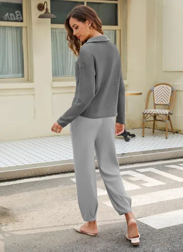 Vista 6 de softome Conjunto de 2 piezas para mujer, suéter de manga larga, con cremallera de 14, suéter de punto, pantalones casuales, conjunto de ropa