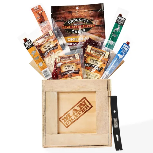Man Crates, Caja de carnes exóticas – Incluye 8 sabores de carne seca raros como venado, cocodrilo, alce – Se envía en una caja de madera sellada
