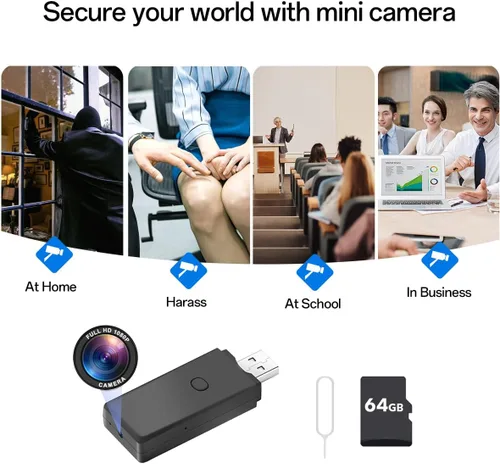 Vista 3 de Unidad de memoria flash USB de 64GB con cámara, cámara de seguridad con resolución de video de 1080P, cámara corporal mini recargable portátil