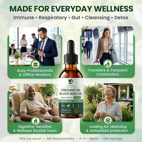 Vista 7 de Aceite de orégano con aceite de semilla negra, gotas de aceite de orégano 4 en 1 con aceite de cúrcuma y vitamina E, 80% Carvacrol, inmune