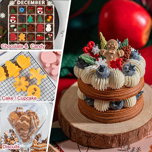 Vista 6 de Paquete de 3 moldes de silicona para chocolate de Navidad, molde de hornear de Navidad, copo de nieve, árbol de Navidad, muñeco de nieve, hombre