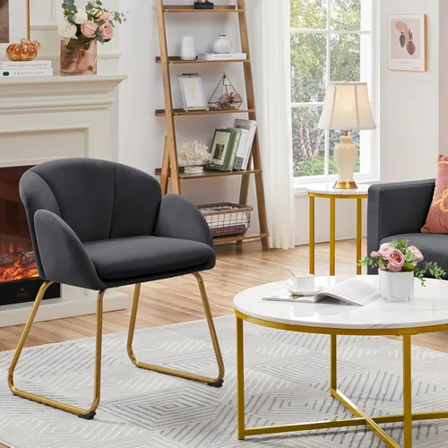 Vista 38 de Yaheetech Sillón moderno de piel sintética, silla de maquillaje en forma de flor con patas de metal dorado para sala de estar, sala de maquillaje