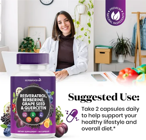 Vista 6 de Resveratrol Berberina Extracto de semilla de uva Quercetina - Suplemento de polifenol con extracto de noni, N-acetil cisteína, extracto de acai
