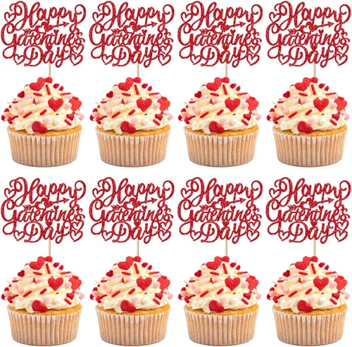 Vista 38 de Paquete de 24 adornos para cupcakes con purpurina en forma de corazón con temática de amor dulce, decoración de pasteles para el día de San