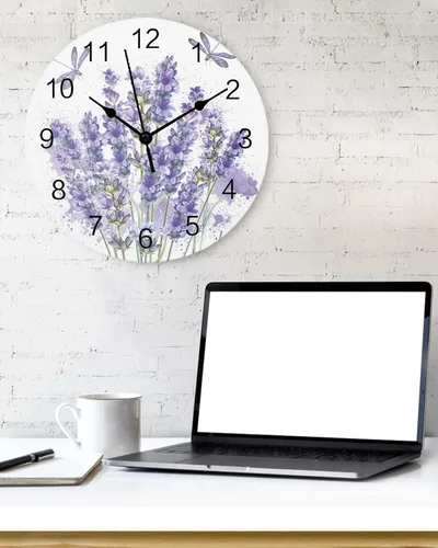 Vista 2 de Lavender Flower PVC Wall Clock Silent Non-Ticking Battery Operated Clocks, Round Clock for Home Living Room Office School Kitchen Bedroom Wall Decor