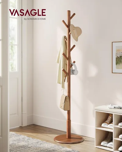 Vista 2 de VASAGLE Perchero de madera maciza, árbol de entrada con 8 ganchos, 3 opciones de altura, para abrigos, sombreros, bolsos, carteras, para entrada
