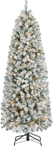 Vista 19 de Yaheetech Árbol de Navidad de Abeto Tipo Lápiz Preiluminado con Nieve Artificial de 6 pies con Bisagras, Árbol de Navidad Delgado para Esquina