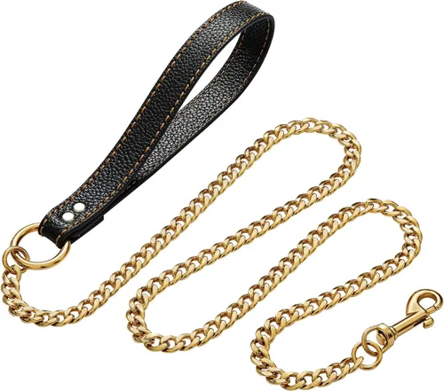 Correa de cadena dorada de 4.3 pies para perros con cómoda asa de tráfico acolchada para perros de razas pequeñas, medianas y grandes, resistente,