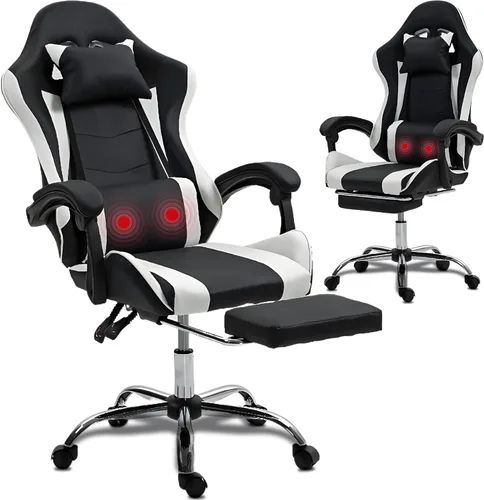 Vista 13 de Silla de masaje para juegos, silla ergonómica de escritorio para PC con reposacabezas y soporte lumbar de masaje, silla de videojuegos con respaldo