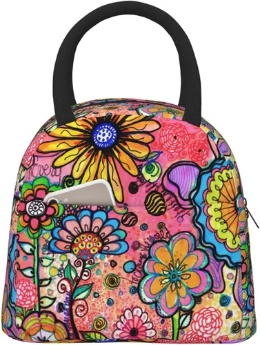 Vista 17 de Fiokroo Lonchera aislada con estampado a cuadros blancos y negros y negros, bolsa de almuerzo reutilizable para escuela, trabajo, universidad