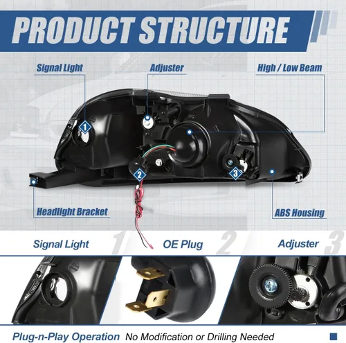 Vista 7 de Auto Dynasty Conjunto de faros delanteros de proyector LED 3D DRL compatible con Honda Civic 1999-2000, lado del conductor y del pasajero, carcasa