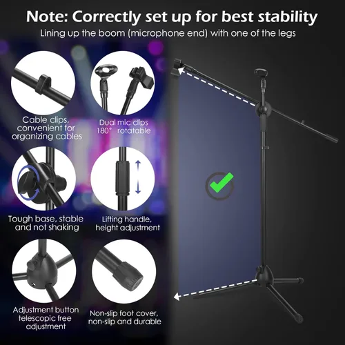 Vista 3 de Sherr Soporte de micrófono de trípode de 2 piezas, altura ajustable, con clip de micrófono y parabrisas para transmisión en vivo, canto, actuación