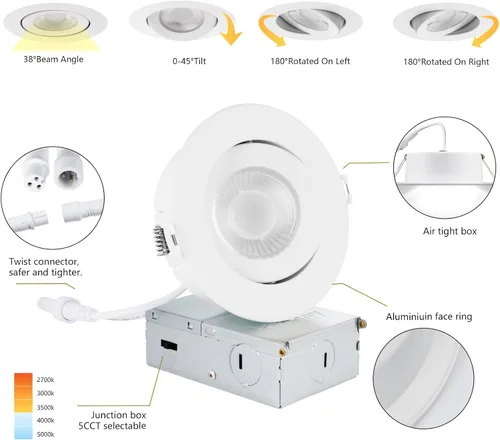 Vista 3 de KnLnny - Luces LED empotrables de 4 pulgadas, iluminación empotrada de 9 W, 750 lúmenes, luz de techo empotrada regulable con caja de conexiones