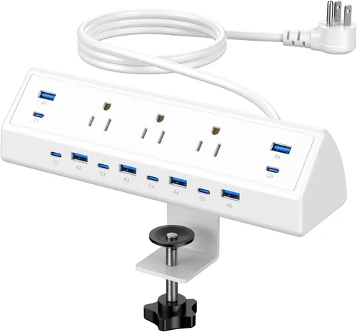 Vista 10 de Jgstkcity Regleta de alimentación con abrazadera de escritorio de 90 W, 12 puertos USB (6 PD 45 W USB-C), protector de sobretensiones, cable