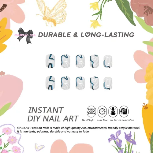 Vista 29 de Uñas postizas cuadradas cortas a presión, uñas postizas azules de cobertura completa con diseños de remolinos, uñas acrílicas brillantes de línea