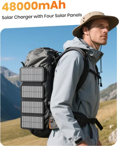 Vista 6 de SOARAISE Cargador Solar Power Bank - Cargador Portátil Inalámbrico de 48000mAh con 4 Cables Integrados y 4 Paneles Solares, Batería Externa de Carga