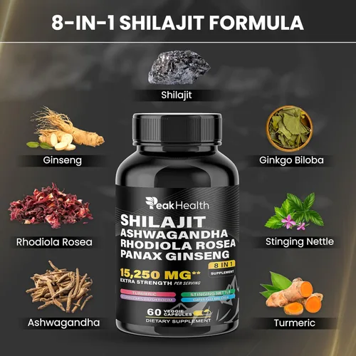 Vista 3 de Peakhealth Cápsulas de Shilajit Sea Moss Aceite de Semilla Negra Ashwagandha para Hombre Mujer, Combo de 2 Botellas con Cúrcuma, Panax Ginseng