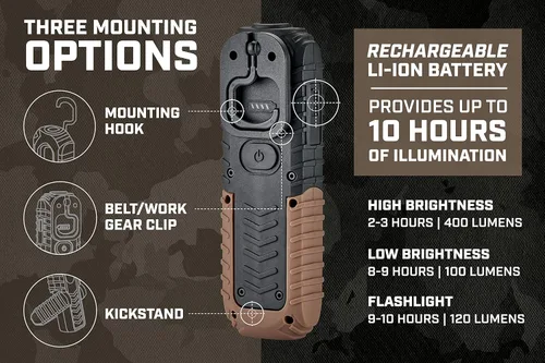 Vista 3 de Spec Ops Tools - Luz de trabajo LED recargable 2 en 1 + linterna, 150-400 lúmenes, impermeable, base magnética con gancho, 3 modos de luz, 3 %