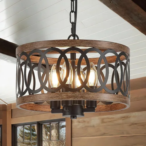 Vista 18 de Lámpara colgante de tambor de granja de 8 luces, 19.68 pulgadas, textura de madera natural, candelabros rústicos vintage, lámparas colgantes