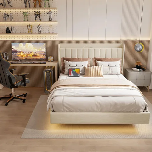 Vista 7 de Marco de cama tapizado de tamaño matrimonial, marco de cama flotante con cabecera de almacenamiento con respaldo de ala, puertos tipo C y USB, luces