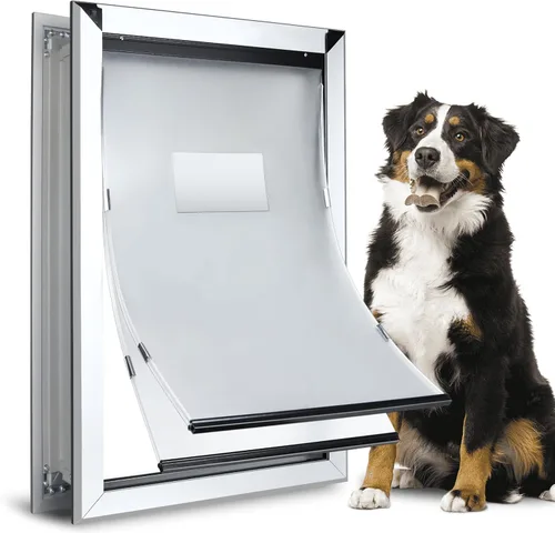 Vista 10 de Puerta de perro XL para puertas exteriores, puerta de aluminio resistente, doble solapa aislada para climas extremos, puerta de perro con cerradura