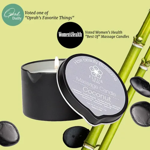 Vista 2 de FLEUR DE SPA Vela de aceite de masaje, 6 onzas con boquilla de vertido, fabricada en Estados Unidos, mezcla natural de coco y soja, se derrite